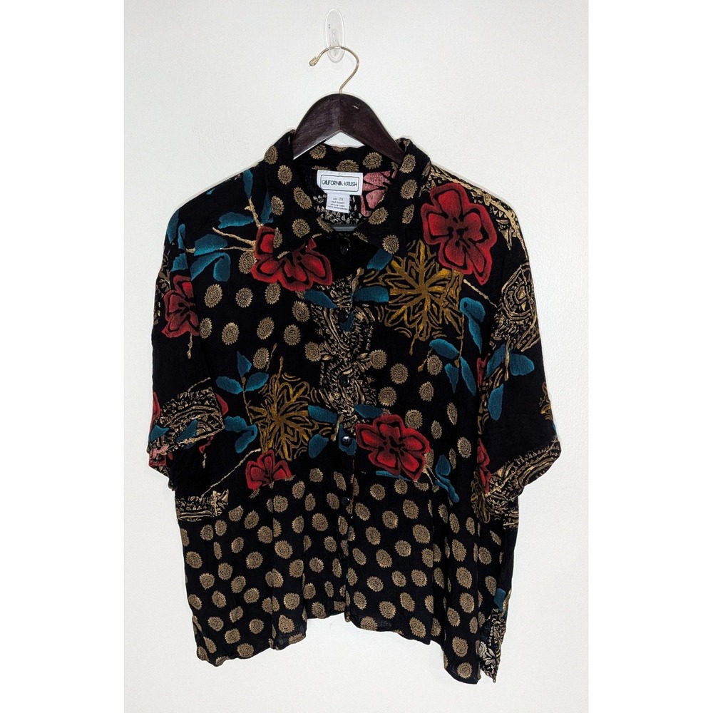 VTG California Krush Women 2X Floral Medallion Blouse Top Artsy Boho